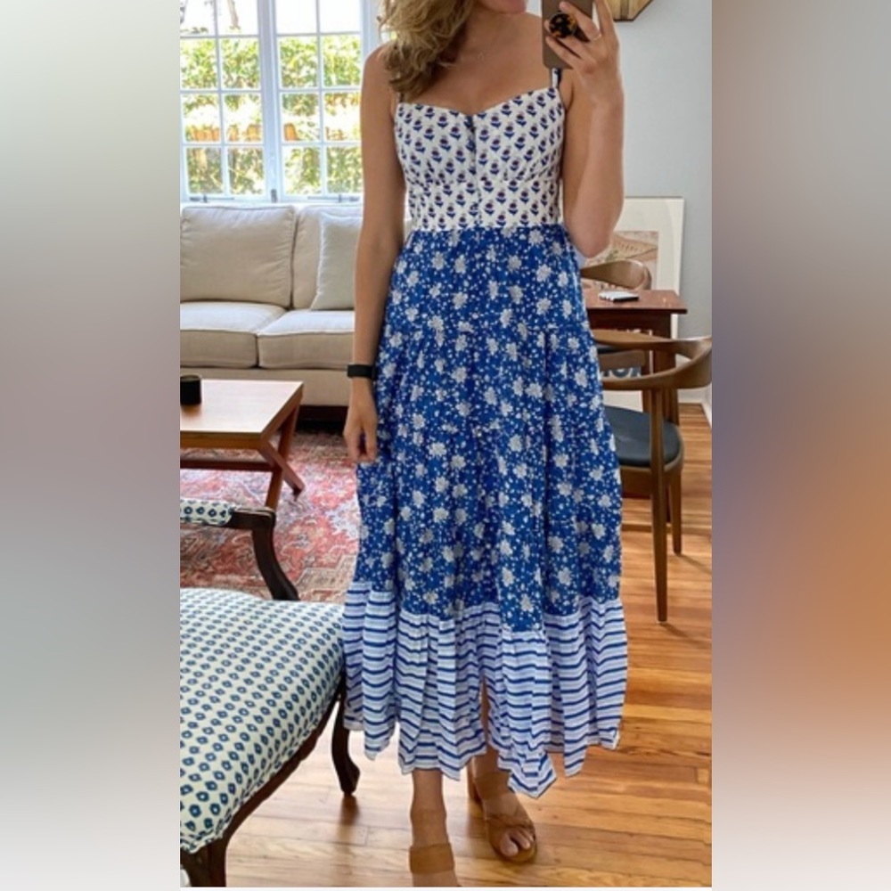 J. CREW Blue White Floral Block Print Smocked Patchwork CottonTiered Dress 4 NEW - Picture 5 of 11